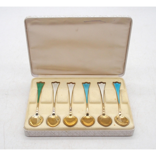 367 - A set of six Norwegian silver gilt guilloche enamel demitasse coffee spoons, by J. Tostrup, 55gms