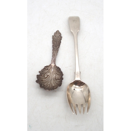 368 - A Victorian silver caddy spoon, in the form of an acanthus leaf, maker's mark obscured, and a Victor... 