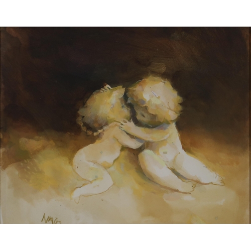 1019 - HAZEL NAGL R.S.W. R.G.I. (SCOTTISH b.1953)PUTTI KISSINGWatercolour, signed lower left, 22.5 x 28cmTo... 