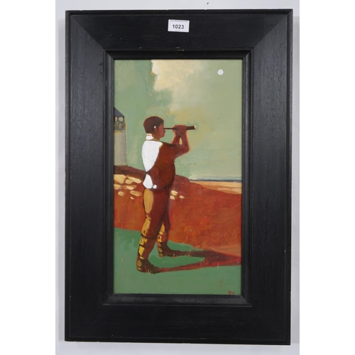 1023 - DONALD MACLEOD (SCOTTISH 1956-2018)MAN IN BINOCULARSOil on canvas, signed lower right 44.5 x 24cm... 