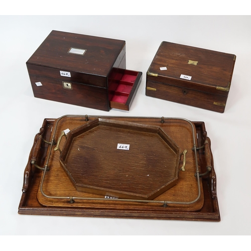 449 - A rosewood and mother-of-pearl inlaid jewellery box with concealed drawer (def.), brass-bound writin... 