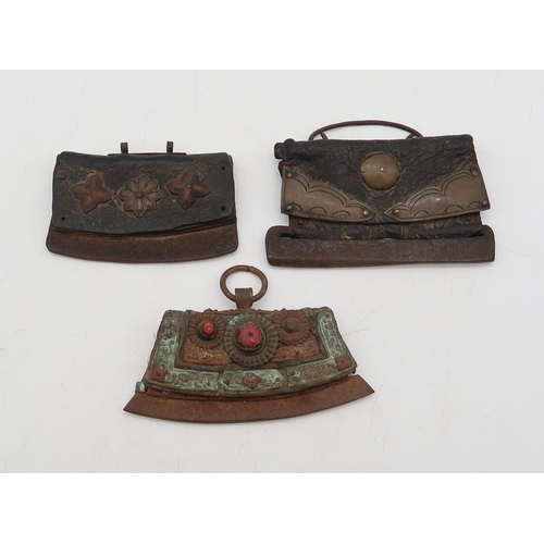 454 - Three antique Tibetan metal-mounted leather fire striker purses 