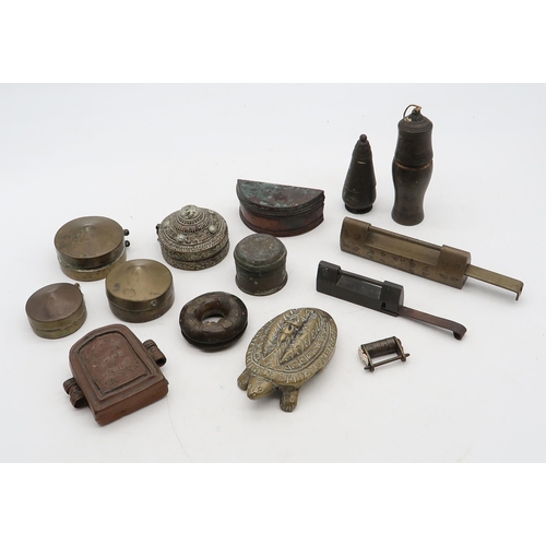 455 - Mixed Eastern artefacts, to include a well-patinated bronze ring-form bell, opium scales in deep-car... 