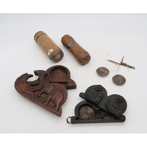 455 - Mixed Eastern artefacts, to include a well-patinated bronze ring-form bell, opium scales in deep-car... 