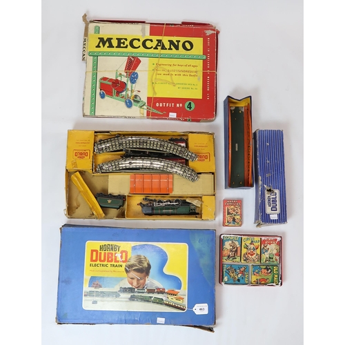 463 - A boxed Hornby Dublo electric train set, boxed Meccano Outfit No. 4, retro gaming cards etc.