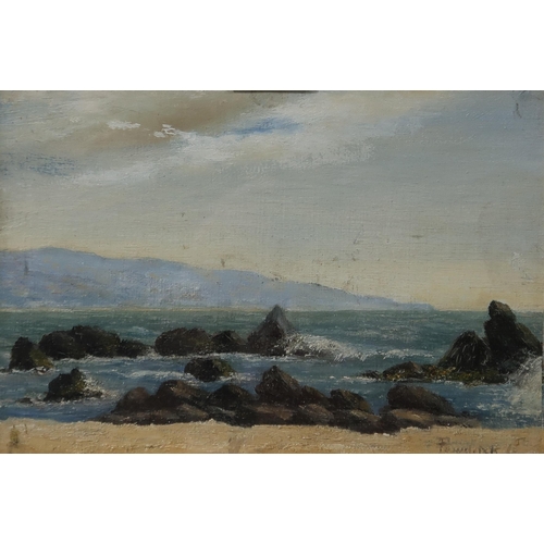 929 - POWDITCH ROCKY COASTLINE AND LANDSCAPE Oil on board, signed, 18 x 25cm (2)... 