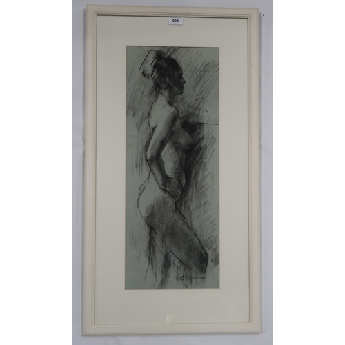 993 - CONTEMPORARY SCHOOLNUDE IN BLUECharcoal on paper, signed lower right, 65 x 23cm... 