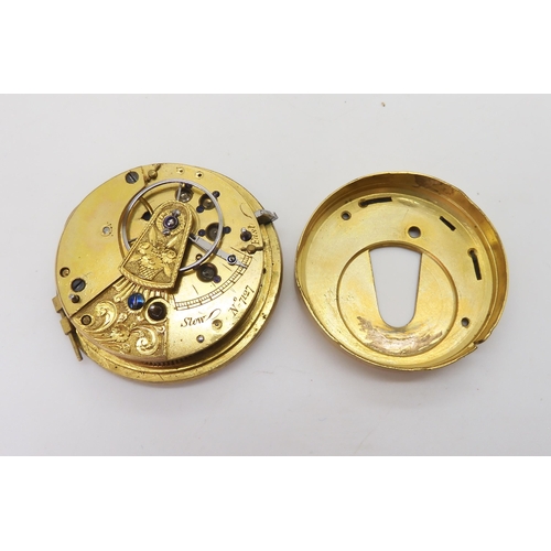 782 - A pocket watch mechanism with a yellow metal dial, there is no case