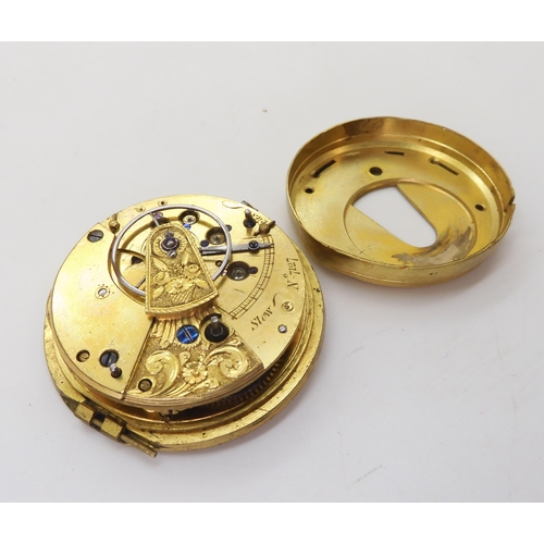 782 - A pocket watch mechanism with a yellow metal dial, there is no case