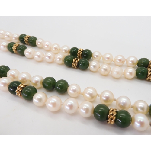 787 - An opera length of good quality pearls, Chinese green hardstone and gold beads, length 88cm