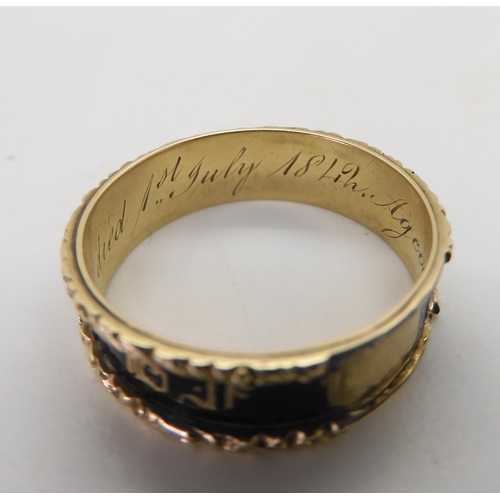 788 - A yellow metal mourning ring, with black enamel, engraved Robert Laing died 1st July 1842, finger si... 