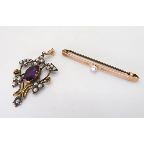 793 - A 9ct gold pearl set bar brooch, together with a yellow metal citrine seal, a yellow and white metal... 