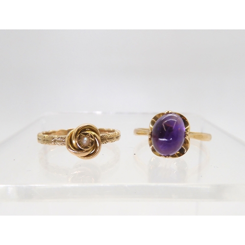 833 - A 9ct gold amethyst retro ring, hallmarked London 1968, finger size P1/2 together with a knot ring d... 