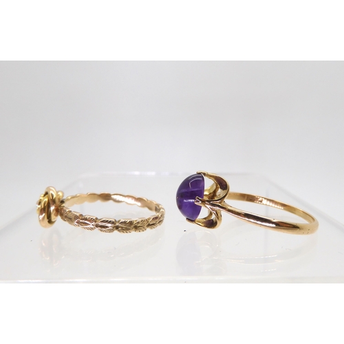 833 - A 9ct gold amethyst retro ring, hallmarked London 1968, finger size P1/2 together with a knot ring d... 