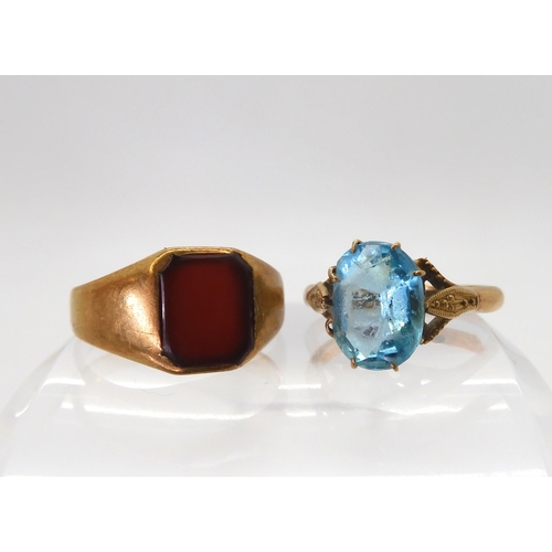 837 - A 9ct blue gem set ring, size Q, and a carnelian signet ring size Q1/2, weight together 6.9gms