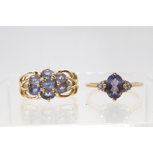 840 - A QVC 9ct gold blueberry quartz and diamond ring, size N, with a further tanzanite cluster ring, siz... 