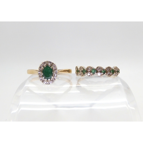 844 - A 9ct gold emerald and diamond cluster ring, size T1/2, together with a heart patterned emerald  and... 