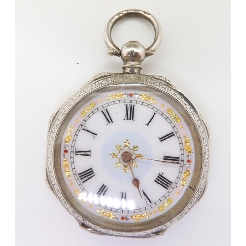 883 - A silver cigarette case, a continental silver fob watch with an enamelled decorative dial, together ... 
