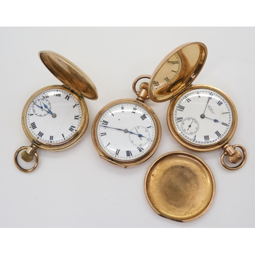 899 - Three gold plated full hunter pocket watches, to include a Waltham, with engraved dedication to the ... 