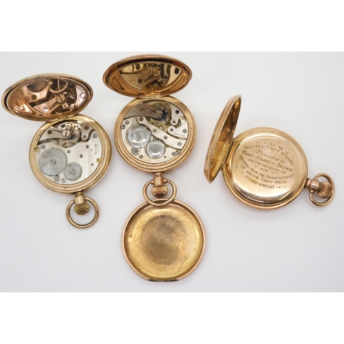 899 - Three gold plated full hunter pocket watches, to include a Waltham, with engraved dedication to the ... 