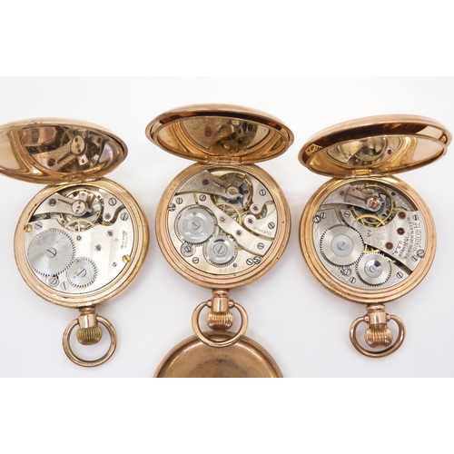 899 - Three gold plated full hunter pocket watches, to include a Waltham, with engraved dedication to the ... 