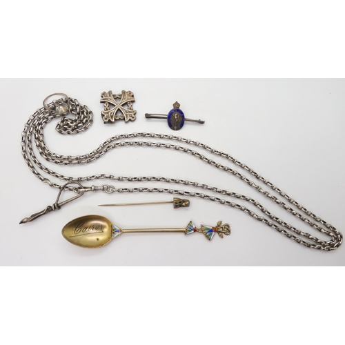 900 - A white metal long guard chain, with attached whip pendant with hoof terminal, a silver gilt spoon w... 