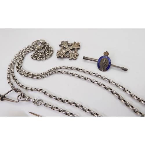 900 - A white metal long guard chain, with attached whip pendant with hoof terminal, a silver gilt spoon w... 