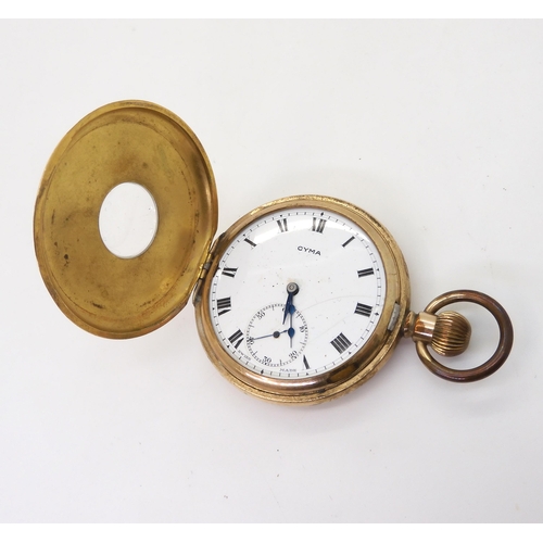 908 - A gold plated Cyma half hunter pocket watch