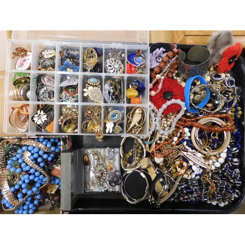 912 - A large collection of vintage costume jewellery to include a frog and budgie brooch, beads and other... 