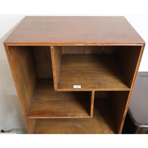 120 - A 20th century Wylie Lochhead ltd oak open bookcase with two asymmetrical shelves over three regular... 