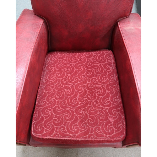 138 - A pair of early 20th century art deco red Rexine upholstered club armchairs, 80cm high x 74cm wide x... 