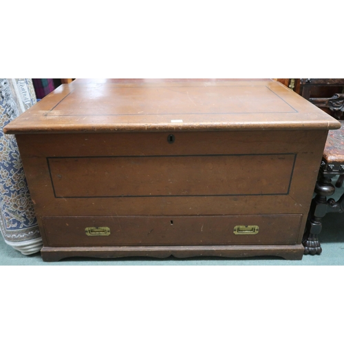 15 - A large Victorian pine blanket chest with hinged top concealing internal candle store with two short... 