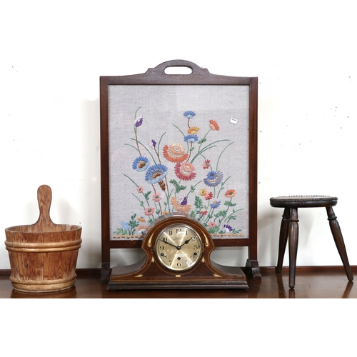 34 - A 20th century mahogany framed tapestry fire screen, mahogany art nouveau mantle clock, small three ... 
