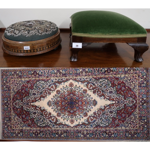38 - A Victorian walnut veneered beadwork stool, mahogany framed footstool and machine made rug, 185cm lo... 