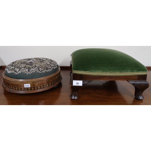 38 - A Victorian walnut veneered beadwork stool, mahogany framed footstool and machine made rug, 185cm lo... 