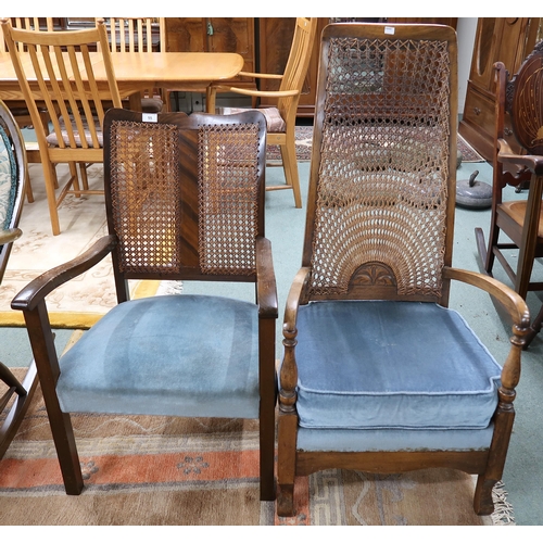 55 - A 20th century mahogany framed high bergere backed armchair, another bergere armchair and mahogany d... 