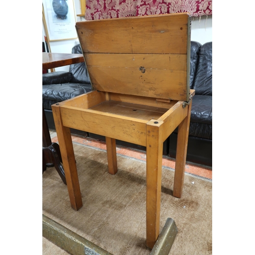 58 - A 20th century child's school desk, inlaid square topped occasional table and a brass fire fender (3... 