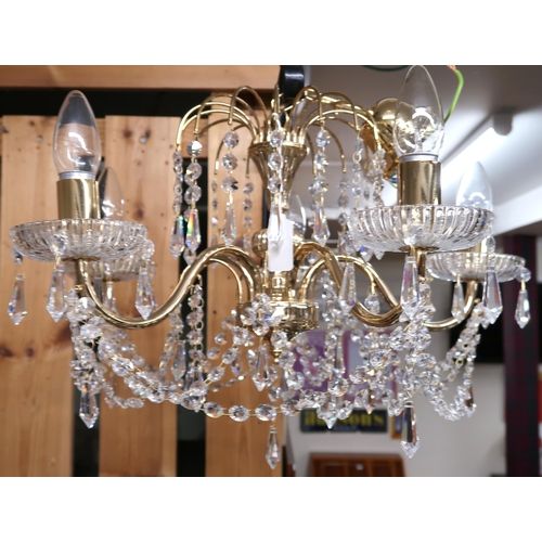 72 - A contemporary Italian gold plated five branch chandelier with cut glass sconces and drop decoration... 