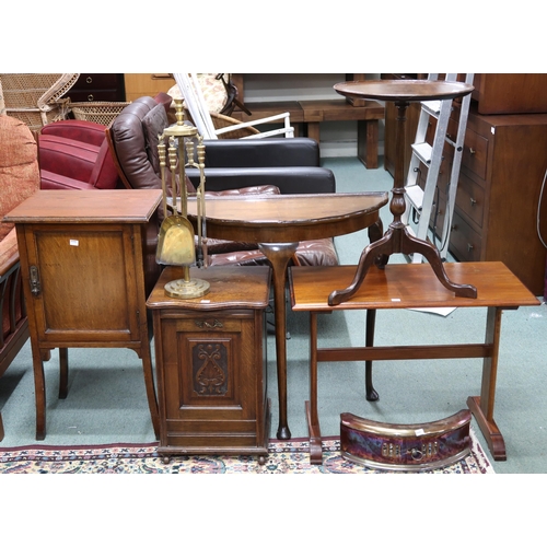 73 - A mixed lot to include mahogany single door bedside, demi lune table, oak coal scuttle, brass fire t... 