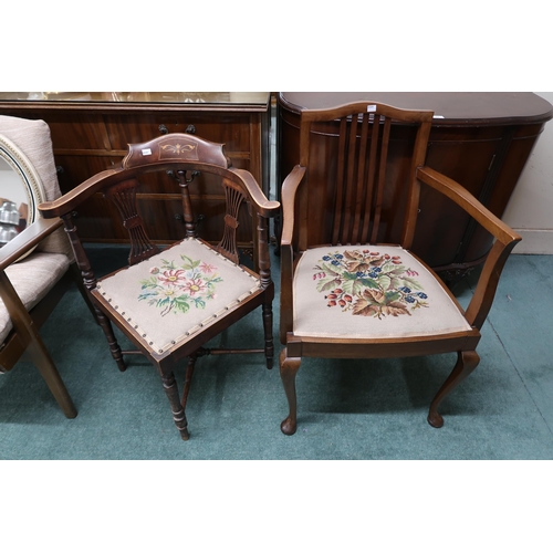 74 - A mixed lot to include Parker knoll armchair, Edwardian corner chair, tapestry upholstered armchair ... 