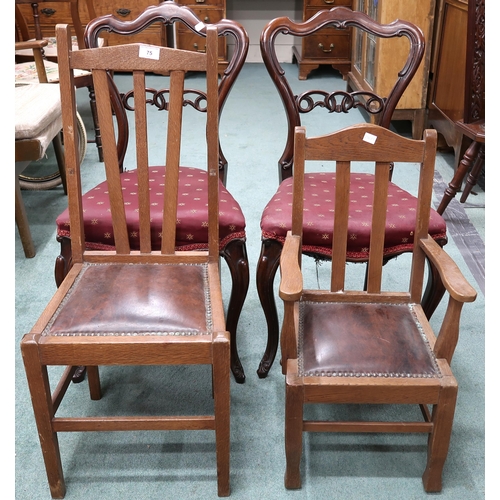 75 - A pair of Victorian rosewood balloon back parlour chairs,two assorted oak framed child's chairs and ... 