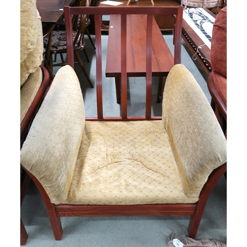 98 - A pair of Ercol elm and beech framed armchairs with yellow upholstered cushions, 100cm high x 79cm w... 