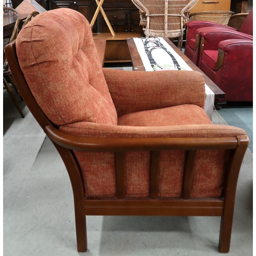 99 - A pair of Ercol elm and beech framed armchairs with terracotta upholstered cushions, 100cm high x 79... 