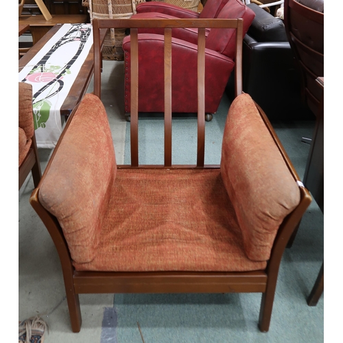 99 - A pair of Ercol elm and beech framed armchairs with terracotta upholstered cushions, 100cm high x 79... 