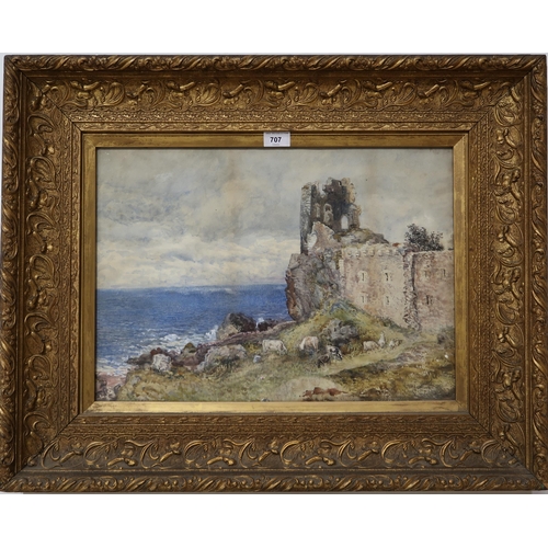 707 - JAMES CAMPBELL Coastline with castle ruin and animals, signed, watercolour, 37 x 52cm... 