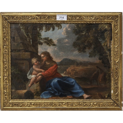 714 - ITALIAN SCHOOL A capriccio landscape with mother and child, oil on canvas laid on panel, 29 x 39cm... 