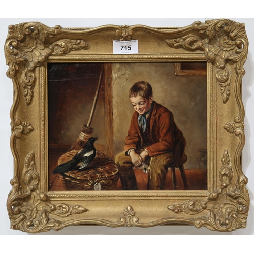 715 - W HEMSLEY Boy seated with a magpie, signed, oil on canvas, 20.5 x 25.5cm