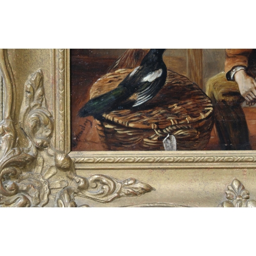 715 - W HEMSLEY Boy seated with a magpie, signed, oil on canvas, 20.5 x 25.5cm