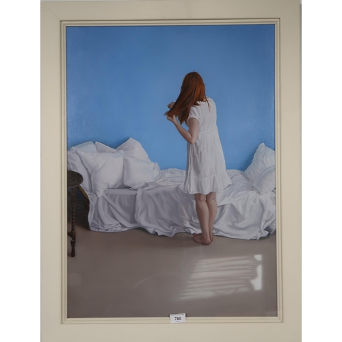 780 - OWEN CLAXTON (SCOTTISH CONTEMPORARY)GIRL COMBING HAIROil on canvas, 72 x 52cmTitle inscribed to labe... 