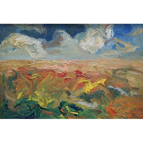 791 - GORDON COCKBURN (SCOTTISH 1944-2022)WIND OVER THE MOOROil on board, 35 x 25 cmTitled and signed to l... 